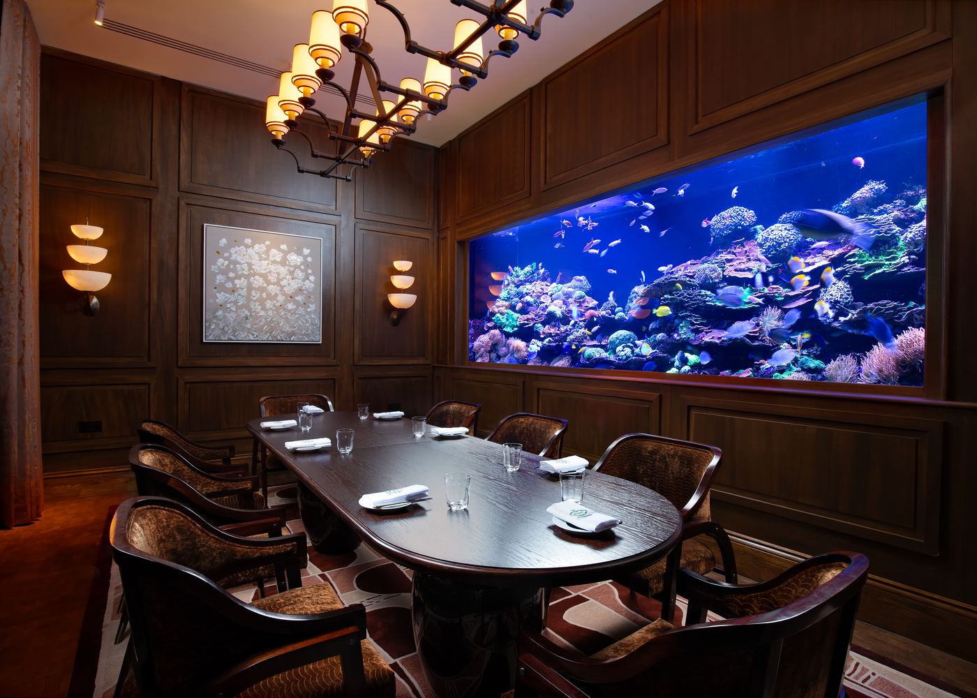 The private dining room at The Penn, with its aquarium wall